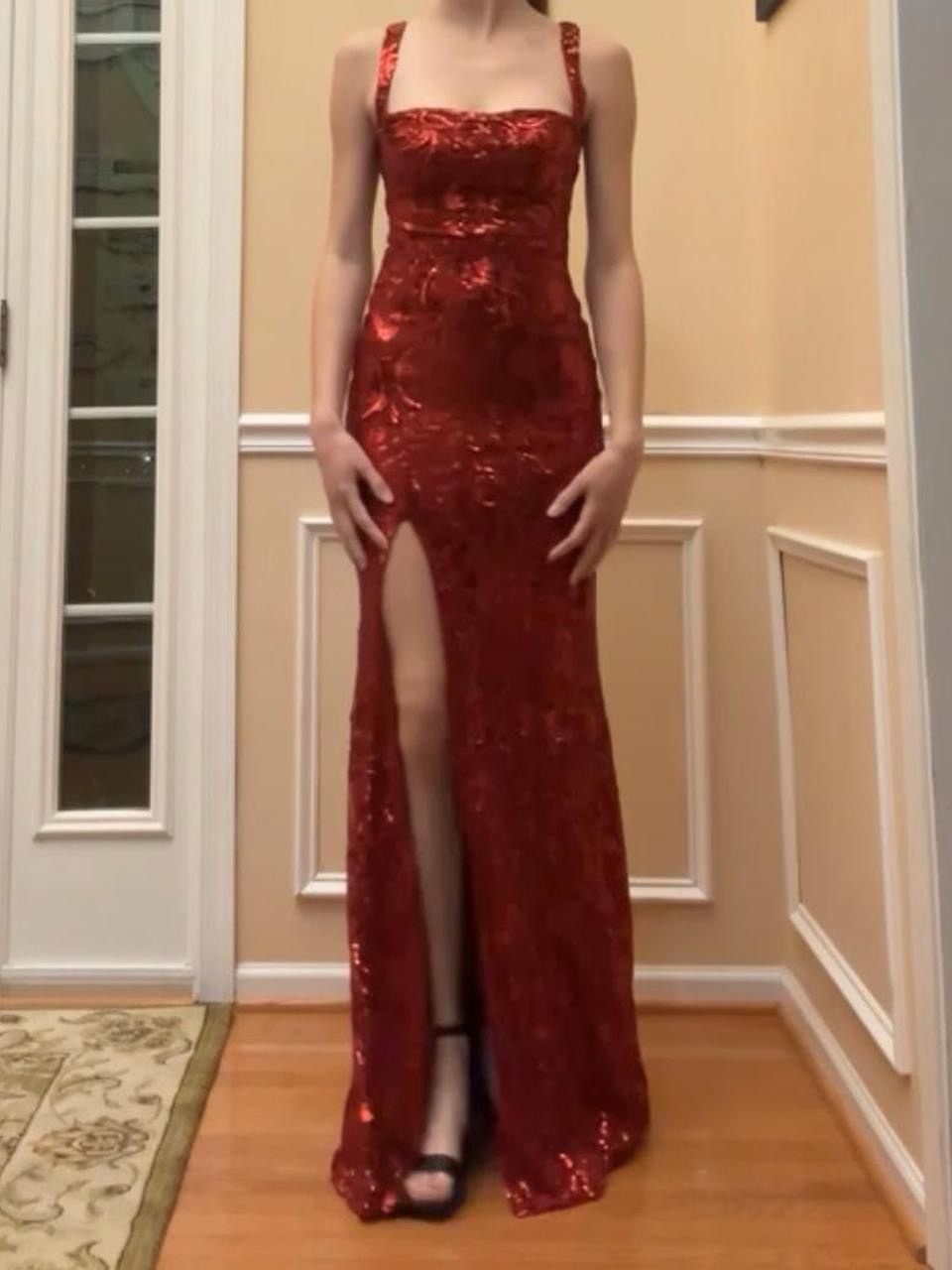 Windsor Red Sequin Strap Gown With High Slit